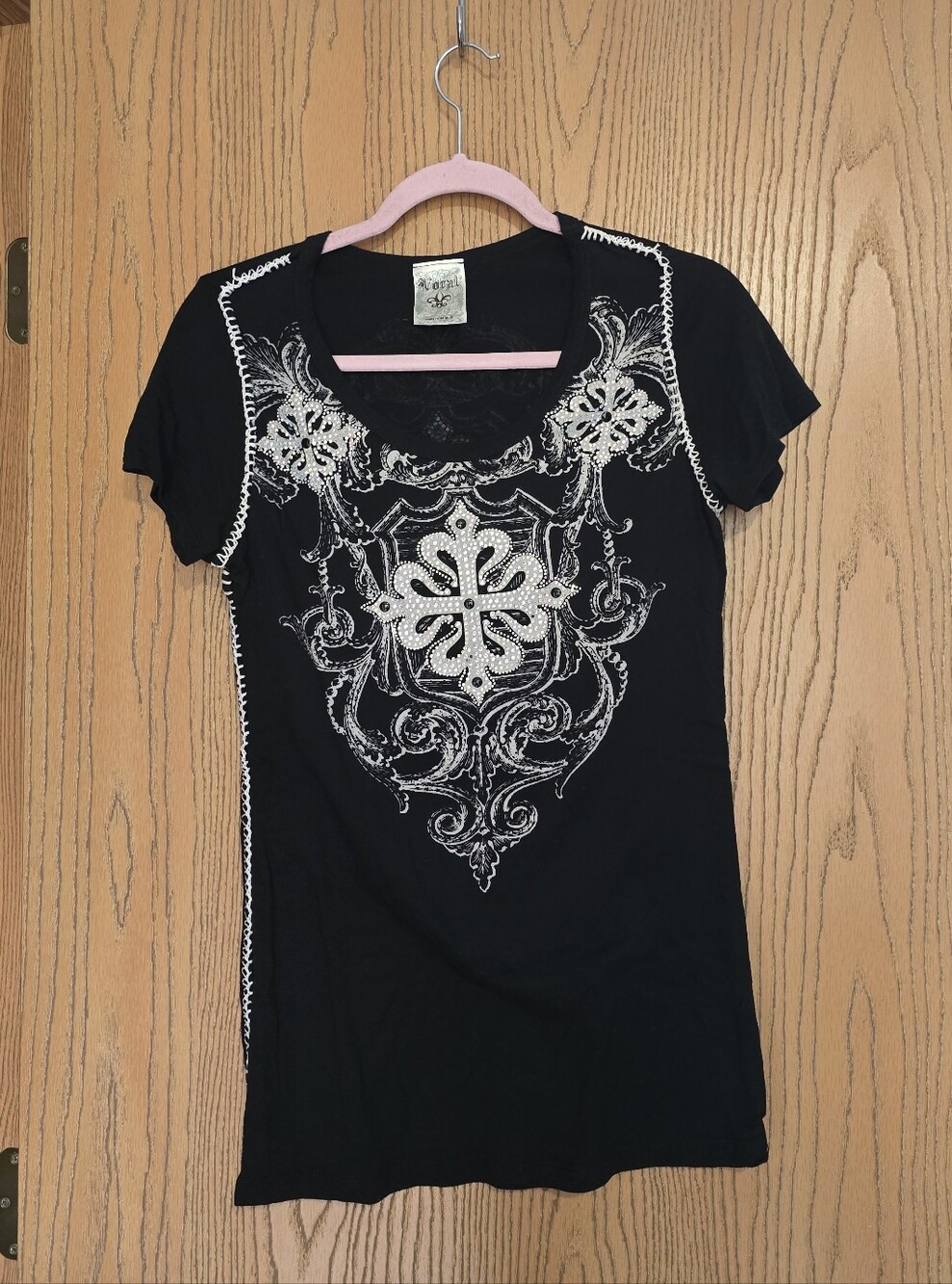 Vocal Black Short Sleeve Tee with White Embellished Crest